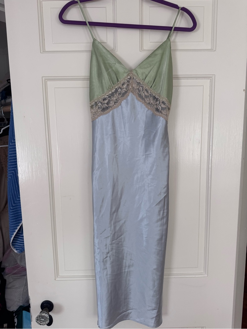 Princess Polly Satin Slip Dress in Sage Green and Light Blue with Lace Trim